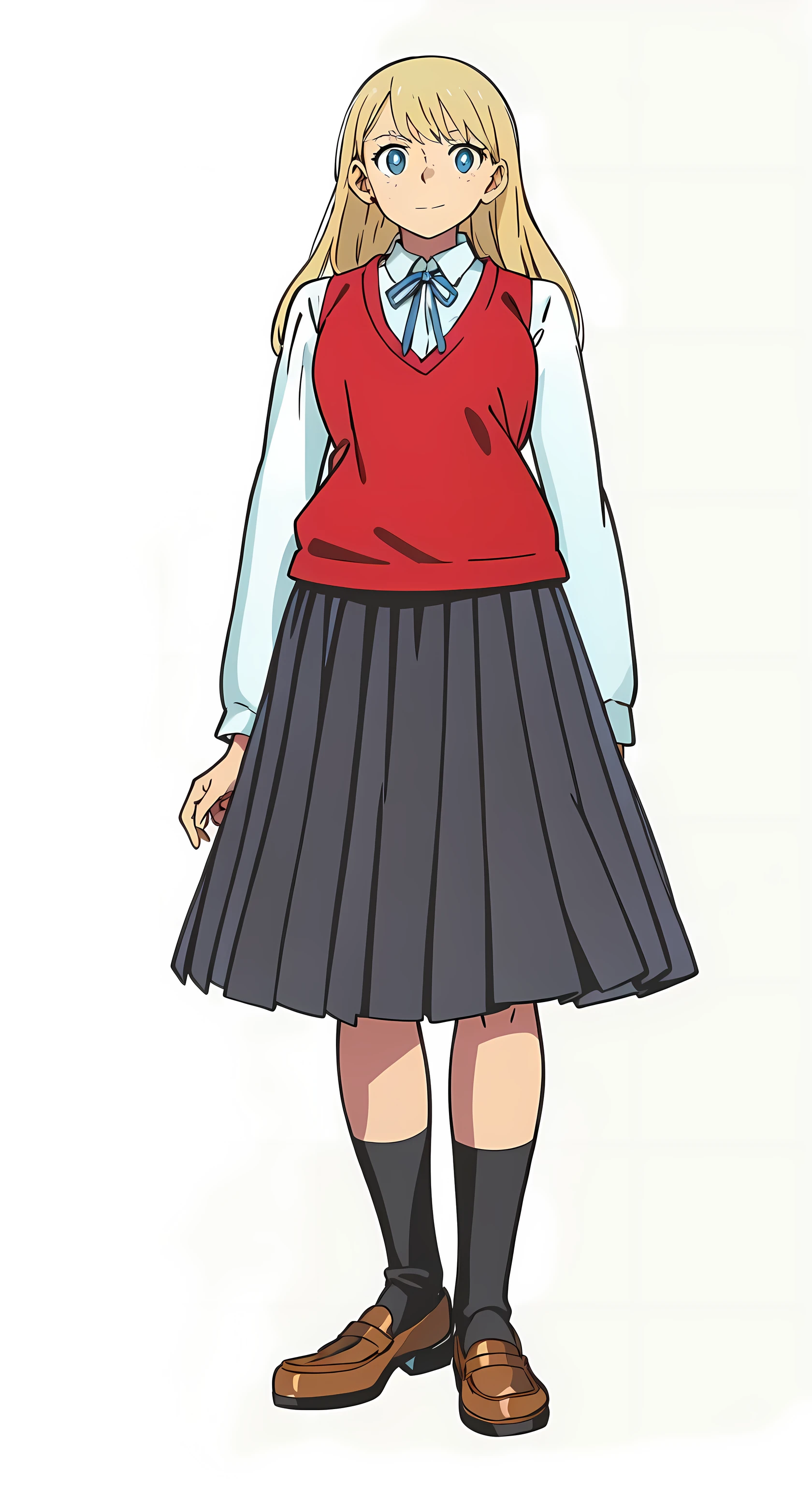 (best quality:1.0), (masterpiece:1.0), (super fine illustration:1.0), (beautiful artwork:1.0), (anime screencap:1.0), (official art:1.0), (european:1.0), (cheerful:1.0), (white background:1.0), (best quality:1.0), (masterpiece:1.0), (super fine illustration:1.0), (beautiful artwork:1.0), (anime screencap:1.0), (official art:1.0), (solo:1.0), (european:1.0), (a 18yo cute girl:1.0), (long skirt:1.0), (black skirt:1.0), (pleated skirt:1.0), (red knit vest:1.0), (white long sleeve collared shirt:1.0), (blue neck ribbon:1.0), (loafers:1.0), (black socks:1.0), (ideal ratio body proportions:1.0), (lanky:1.0), (tall:1.0), (slender:1.0), (small breasts:1.0), (smaller face:1.0), (tareme:1.0), (freckles:1.0), (detailed beautiful eyes:1.0), (detailed beautiful face:1.0), (glowing blue eyes:1.0), (long hair:1.0), (swept bangs:1.0), (blonde hair:1.0), (standing:1.0), (looking at viewer:1.0)