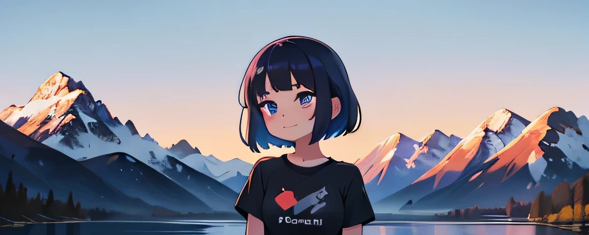 (Ultra bright color, Masterpiece, Best quality, blossom, Warm, soft light, modern, Hi-tech), 1 girl, One, standing tall, (mountains background:1.4), black T-shirt without print, beautiful detailed face, slight smile, (blue) Medium hair, (detailed (blue) Ruby eyes), young, small breasts