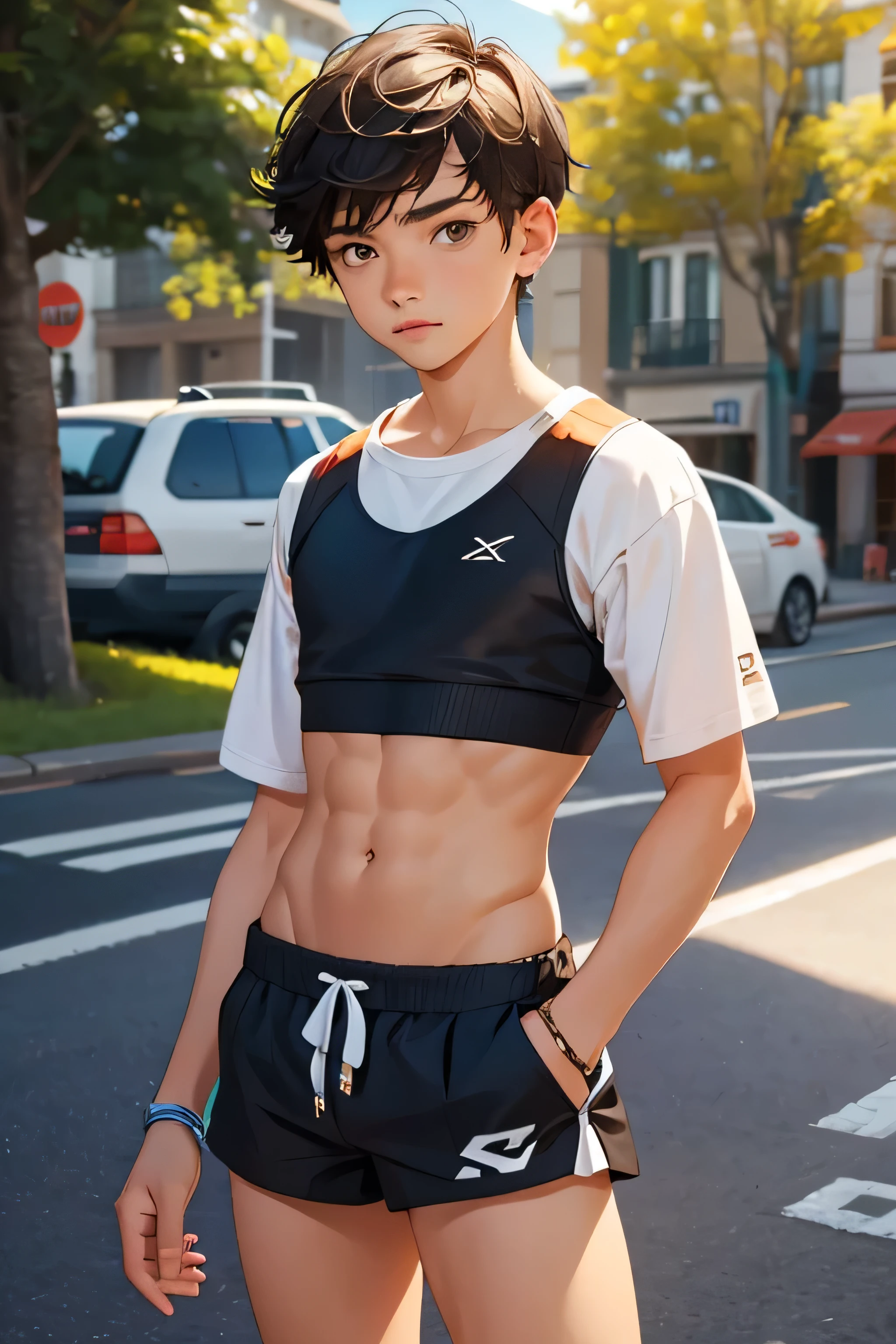 , boy wears a crop top and too very short shorts,