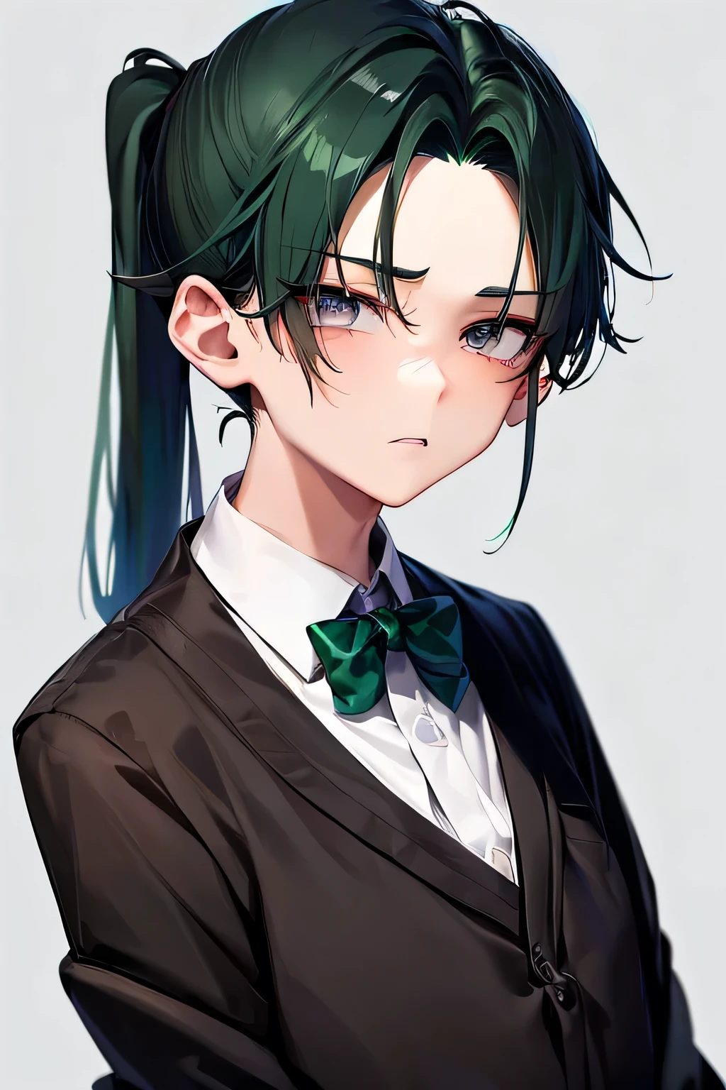 androgynous, dark green hair, flat forehead, ponytail, reliable , school background, small eyes, Square jaw, Squinting, expressionless, black cardigan, student, school