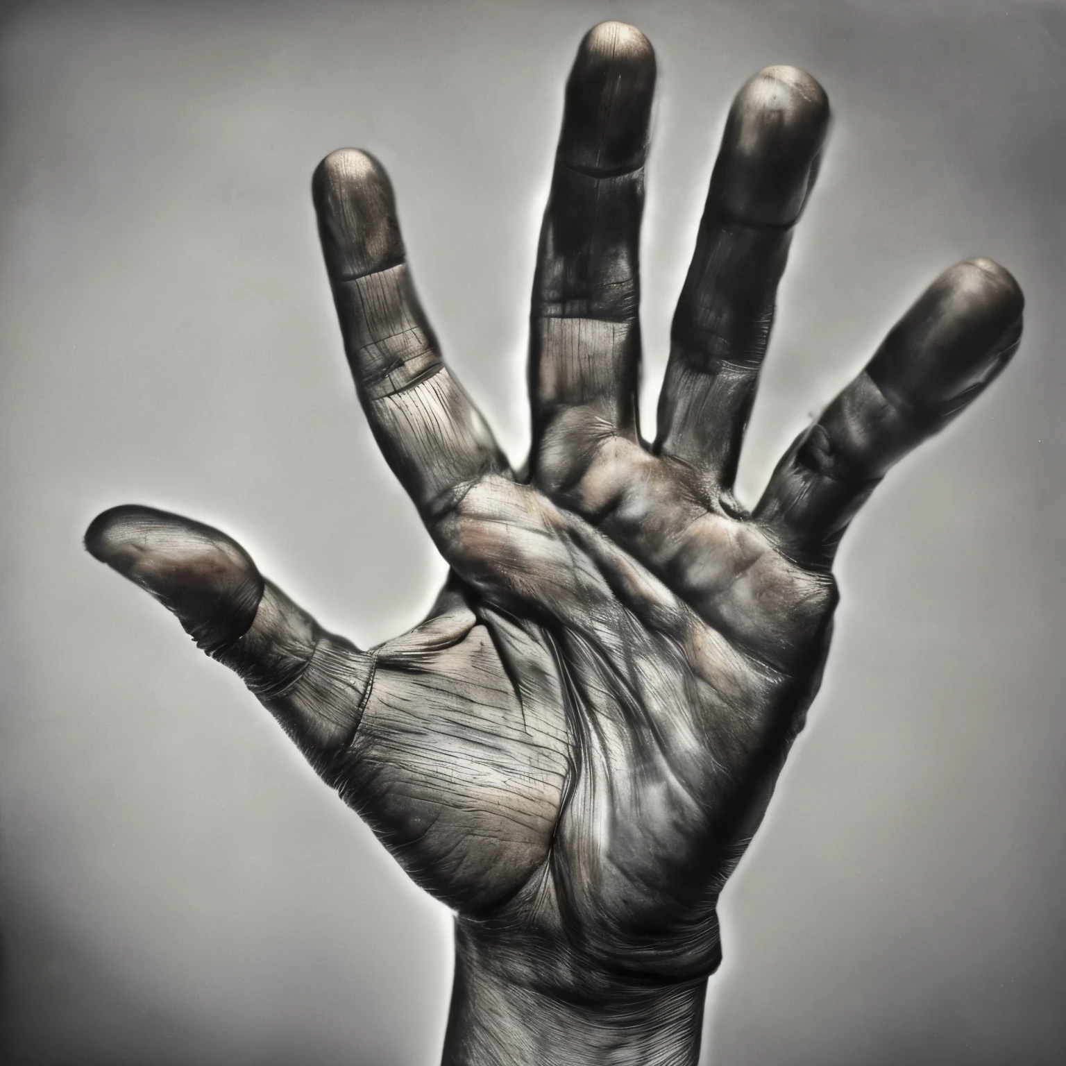 Monstrous, deformed and emaciated hand with eyes on back and palm of hand photorealist style