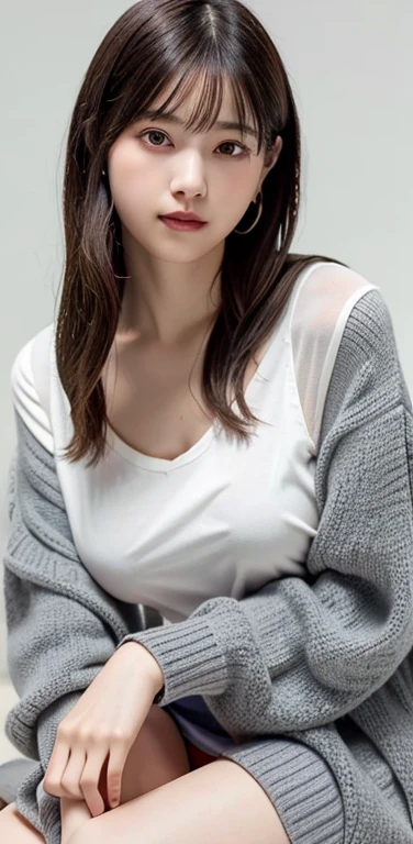 (8k), (highest quality: 1.2), (Realistic), (Realistic: 1.37), Ultra-high resolution,RAW Photos、 1 girl, Head to knee photo、cute, smile, Mouth closed, Beautiful details, Beautiful Nose, whole body, Wet Hair, Giant Dulcefo, pork, , (Small breasts)、Flat Chest、Breast like a 、A tight white blouse that clings to her breasts and a grayish cardigan、Nipples are visible through the、Voluptuous thighs、Odd Eye、Heterochromia iridis