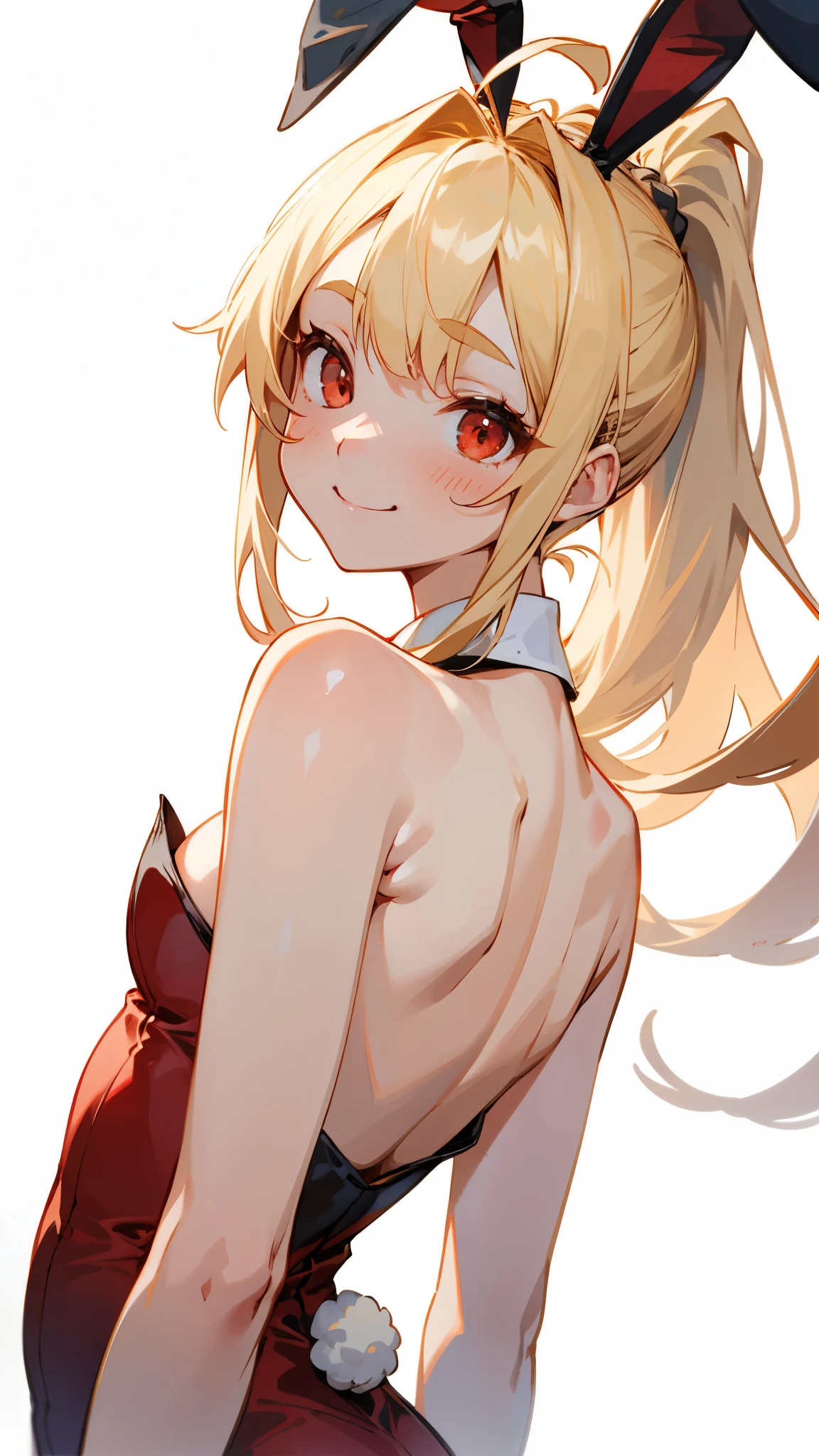 (Very detailed, High resolution:1.0)、１girl、Blonde ponytail、Ahoge、Big round red eyes、(Playboy Bunny, Bunny ears, Exposing shoulders, Bare arms:1.0)、smile、Embarrassing、From the side、Upper body close-up