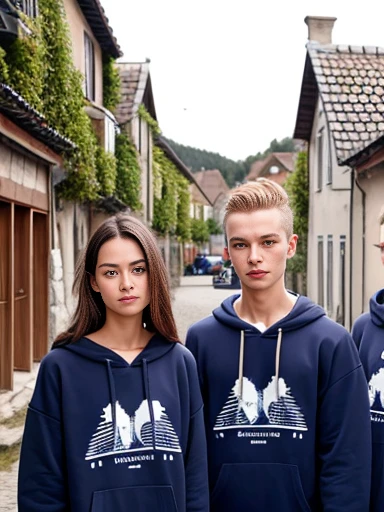 group of Judæu in sweatshirts, in a village with focus on the face.