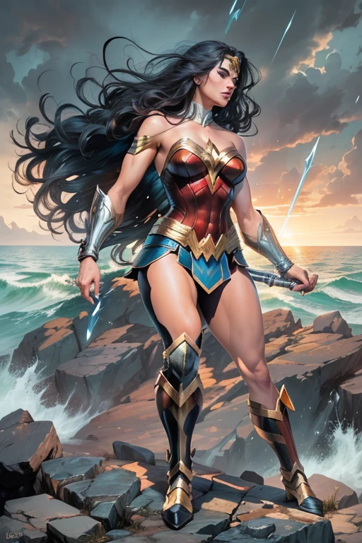 ((fantasy art)), action, heroism, grandeur, power, sensuality, dazzling shadows, expertly detailed, epic, powerful and profound. Wonder Woman from DC Comics is standing on a large rock, she is above us, we have a view from below, she is above the horizon line, Wonder Woman looks incredibly beautiful, slender, dynamic pose, action pose, Knees slightly bent, she holding a sword in her right hand and shield in her left hand, her legs are slightly bent, dynamic pose, battle pose, she stares at the camera, Her hair is very long and flowing. Full body, full body body. view from below, she is on top of a large rock, the waves crash against the rock she is standing on, it is raining. Style Jim Lee, Ed Benes, Ivan Reis, Frank Cho. ((best quality)), ((masterpiece)), (high resolution: 1.2), ((best quality)), ((masterpiece)), (high resolution: 1.2)