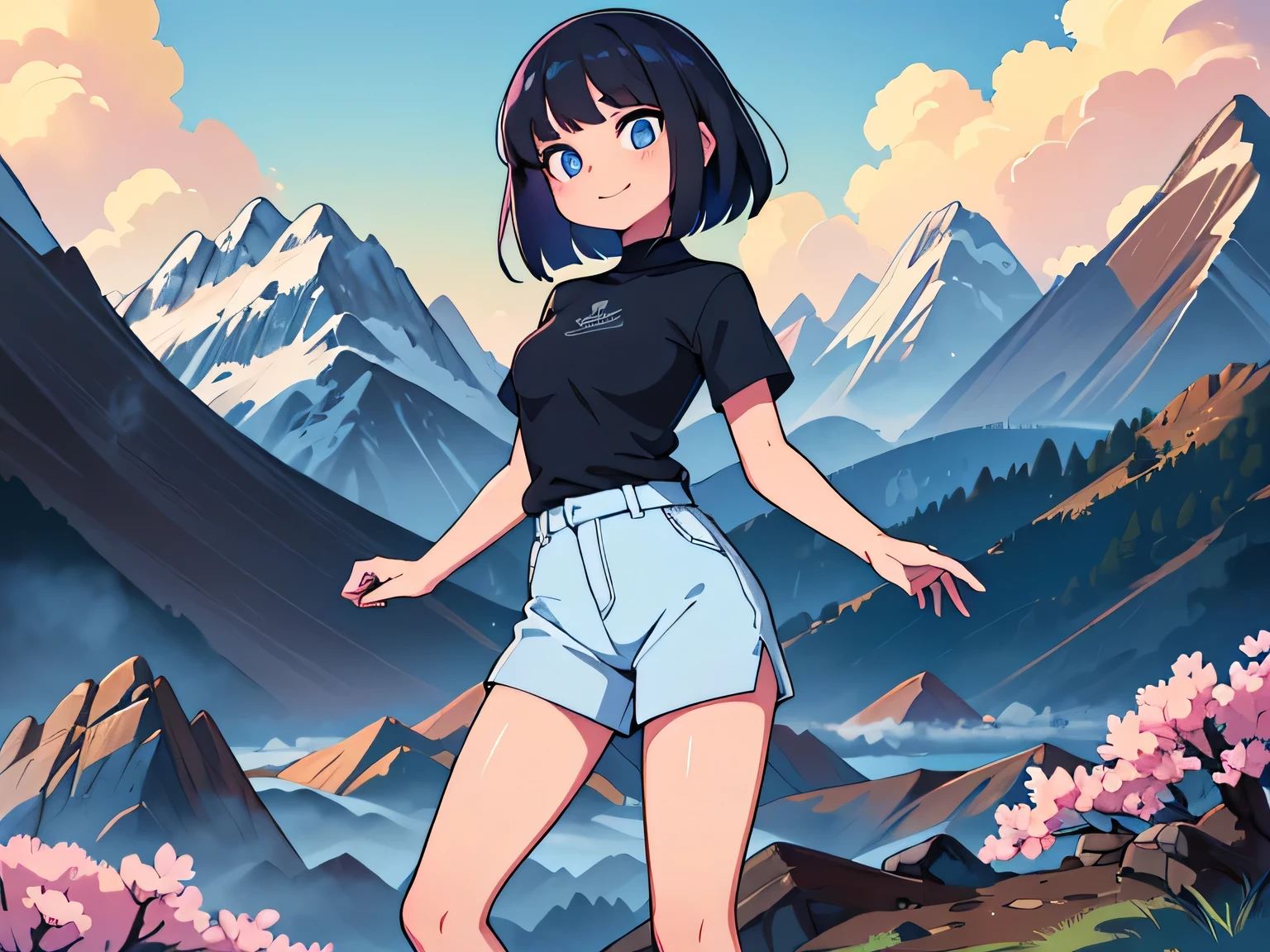 (Ultra bright color, Masterpiece, Best quality, blossom, Warm, soft light, modern, Hi-tech), 1 girl, One, standing tall, full length, (mountains background:1.4), black T-shirt without print, beautiful detailed face, slight smile, (blue) Medium hair, (detailed (blue) Ruby eyes), young, small breasts