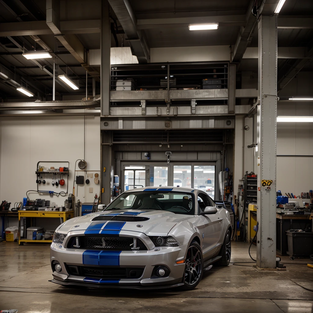 A hyper-realistic photo of a gray 2013 Ford Shelby in a mechanical workshop