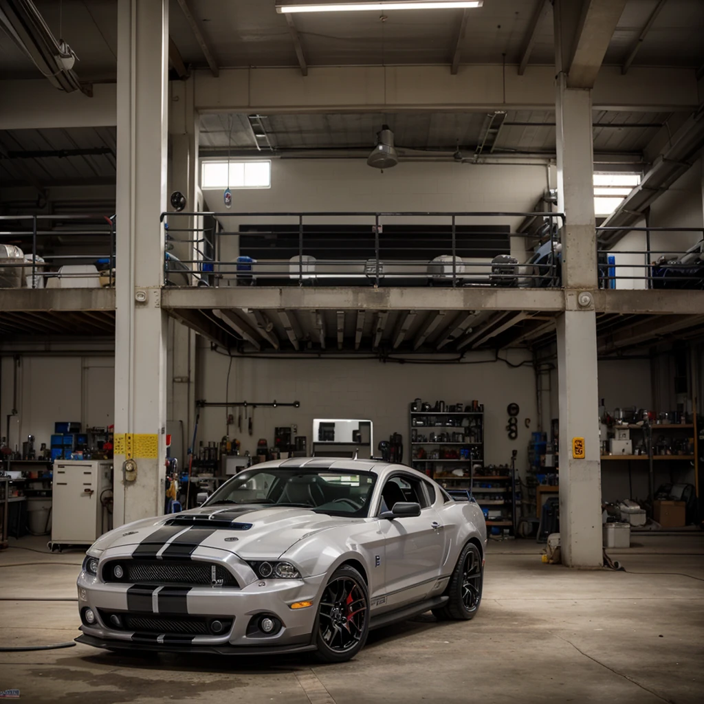 A hyper-realistic photo of a gray 2013 Ford Shelby in a mechanical workshop