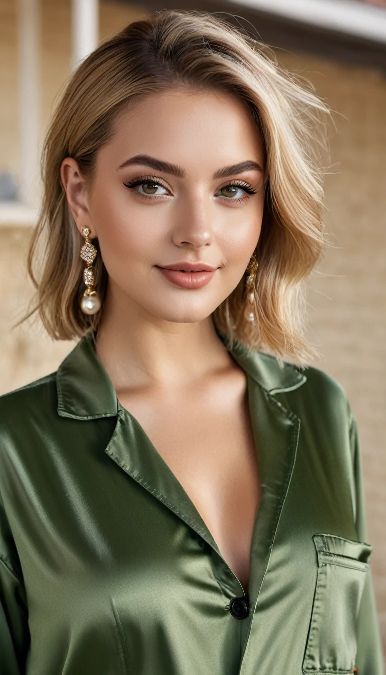 hyperrealistic beautiful busty 18-year-old women in satin boiler suit, model shooting full body photography, view from behind, natural blonde short classic bob, dark eye makeup with eyeliner, seductive smile, small necklace and earrings, 8K, best quality, Meisterwerk, ultra high resolution, (Realismus: 1.4), Originalfoto, (realistische Hautstruktur: 1.3), (Filmkorn: 1.3), (Selfie-Winkel), 1 girl, Beautiful round hazel eyes and facial details, Meisterwerk, best quality, selfie-pic-posing outside, nsfw