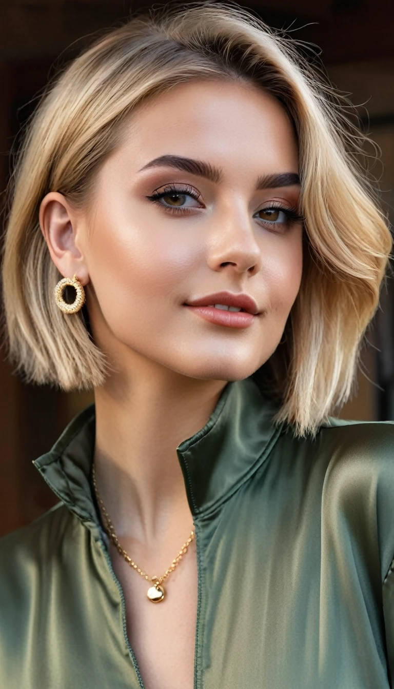 hyperrealistic beautiful busty 18-year-old women in satin boiler suit, model shooting full body photography, view from behind, natural blonde short classic bob, dark eye makeup with eyeliner, seductive smile, small necklace and earrings, 8K, best quality, Meisterwerk, ultra high resolution, (Realismus: 1.4), Originalfoto, (realistische Hautstruktur: 1.3), (Filmkorn: 1.3), (Selfie-Winkel), 1 girl, Beautiful round hazel eyes and facial details, Meisterwerk, best quality, selfie-pic-posing outside, nsfw