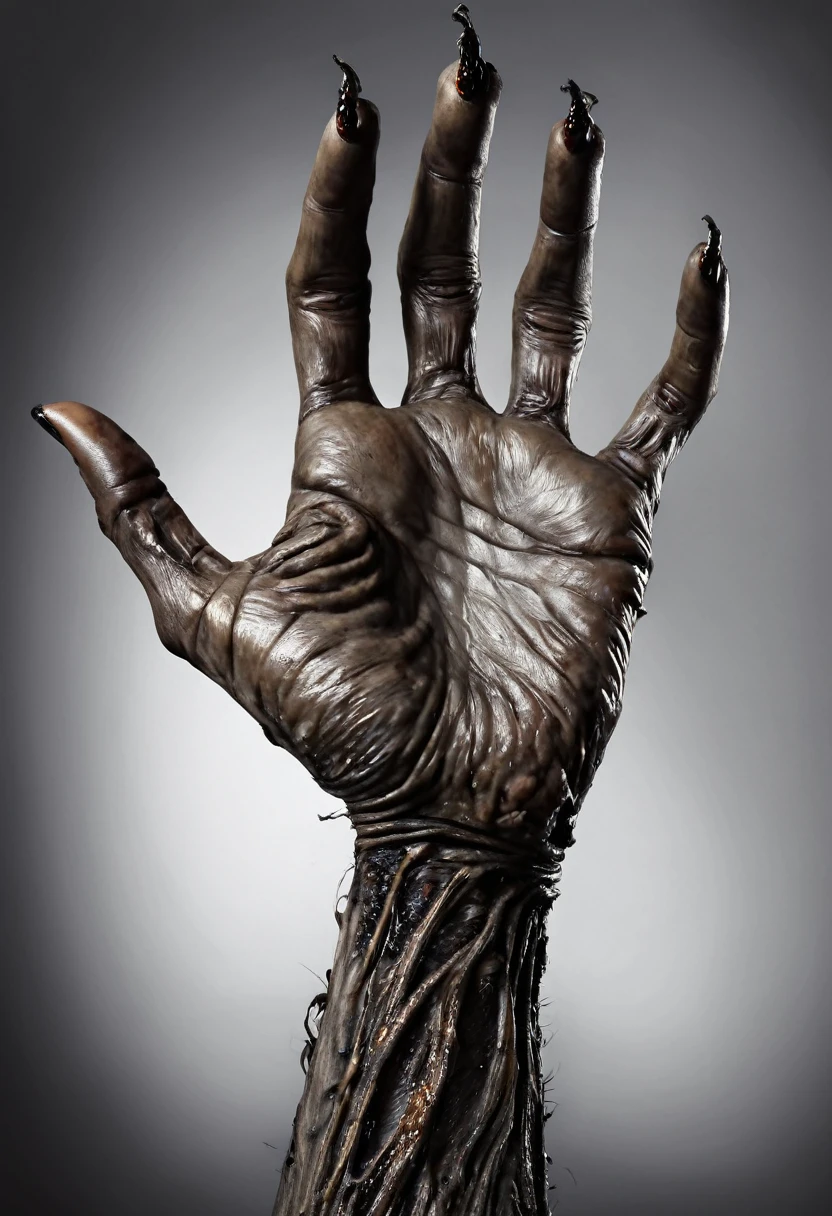 Monstrous, deformed and emaciated hand with horror eyes on back and palm of hand photorealist style