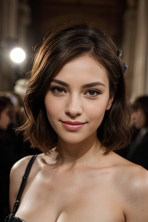25 ans, brune, yeux marrons, delicate, professional light, flash lit, poudre de contour, sexy, French touch, cheveux de longueur moyenne, grains de beauté, sourire romantique, Seductive look, pose coquine, bonne couverture, de nuit, éclairée par les flashs des photographes, skin details, pores de la peau, Appareil photo numérique Kodak Smile 10MP, tendance on Behance, colorful clothes, ornement de cheveux, hairclip, cheveux moyens, rougit, (des mains parfaites) , robe fashion, torn clothes, fashion show, miss France
