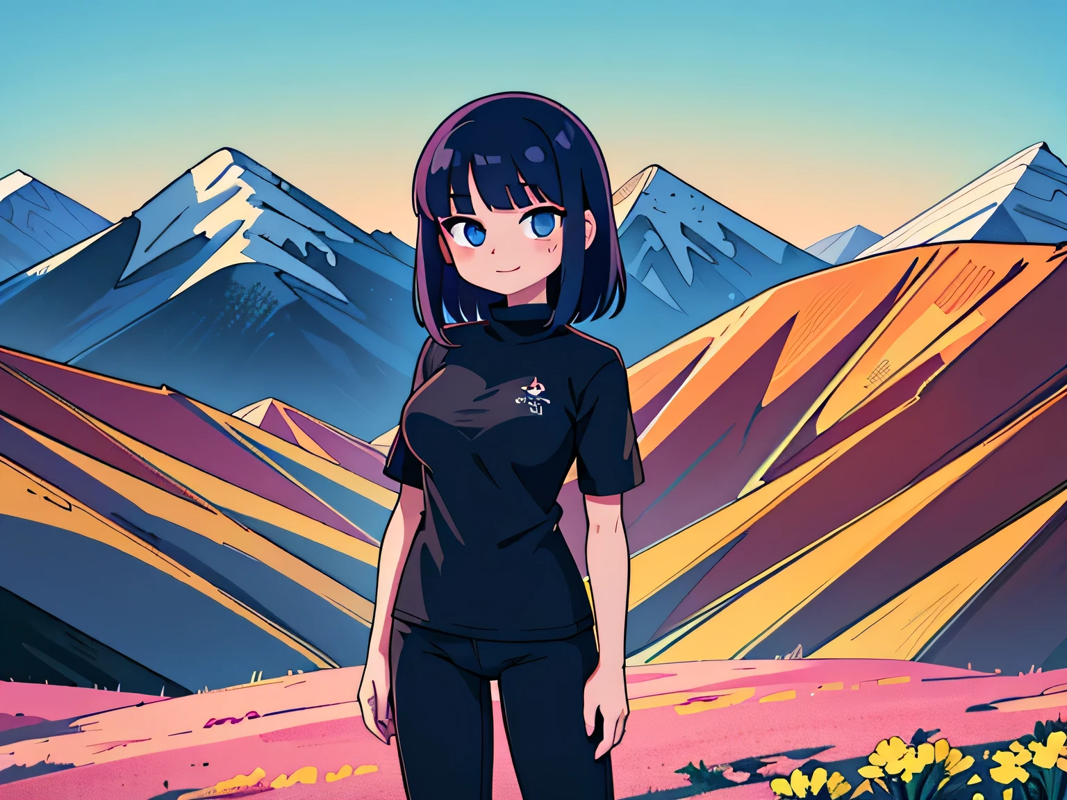 (Ultra bright color, Masterpiece, Best quality, blossom, Warm, soft light, modern, Hi-tech), 1 girl, One, standing tall, full length, (mountains background:1.4), black T-shirt without print, beautiful detailed face, slight smile, (blue) Medium hair, (detailed (blue) Ruby eyes), young, medium breasts