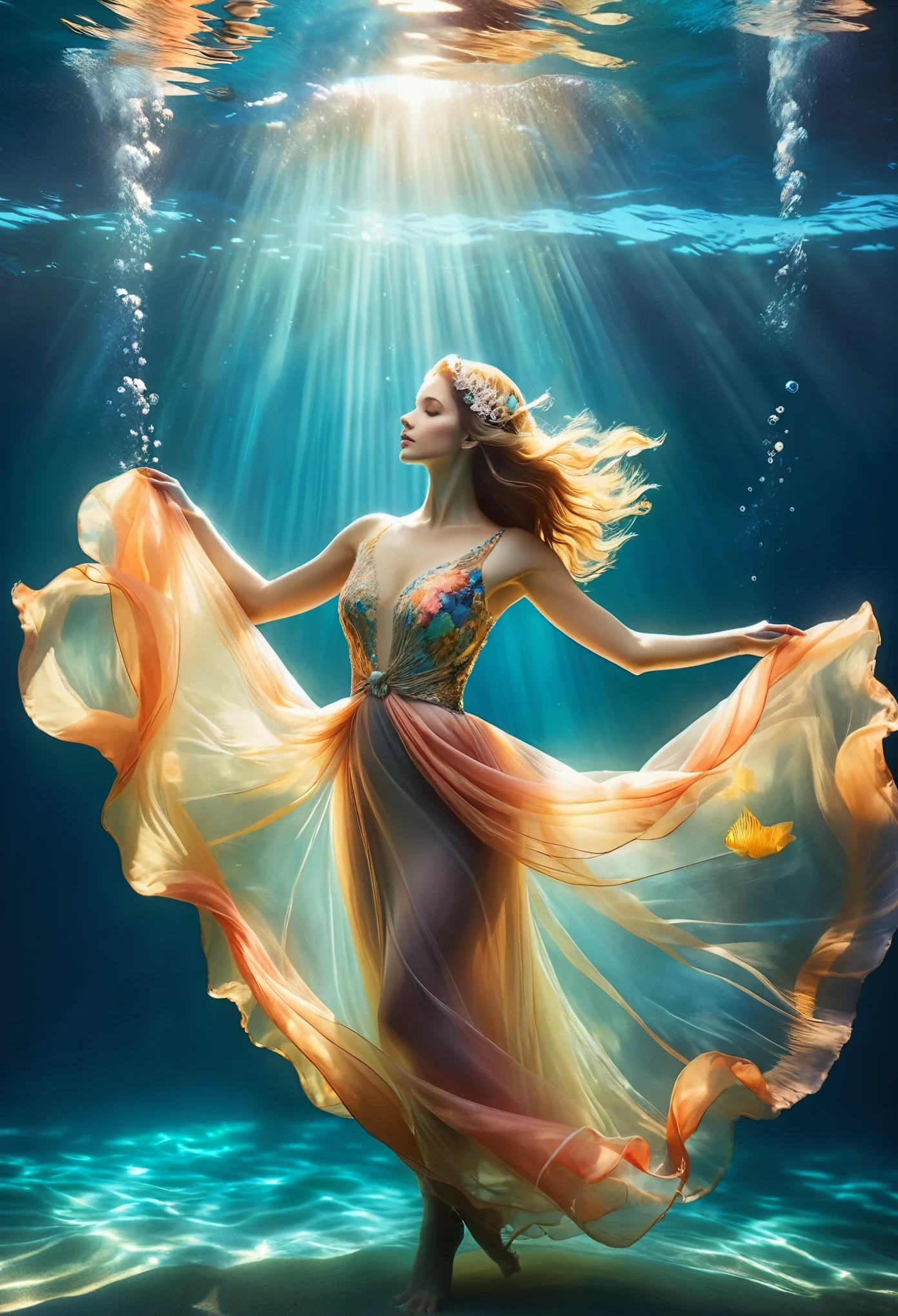 On a sunny day (a charming woman floating in blue seawater wearing a full evening gown, head piece, with a bent waist, underwater artistic gymnastics, underwater photography, ethereal atmosphere, elegant underwater lighting, the best quality, high resolution, ultra fine, photo realism: 1.37, Shaw style, Zena Holloway style, vibrant colors in a dreamy palette, soft golden sunlight shining through the water, creating a heavenly light. The ocean surface is sparkling and lush, and the flowing evening gown fabric gracefully flips in the water. The woman's charming gaze, charming and expressive eyes, and flowing long hair gently The ground floats in the water, creating a magical and weightless atmosphere, with subtle hints from marine creatures such as colorful fish or delicate corals, Capturing the tranquility and tranquility suspended in the water, elegance and sophistication intertwined with the natural beauty of the ocean, women exude elegance and confidence, effortlessly blending into the aquatic environment.