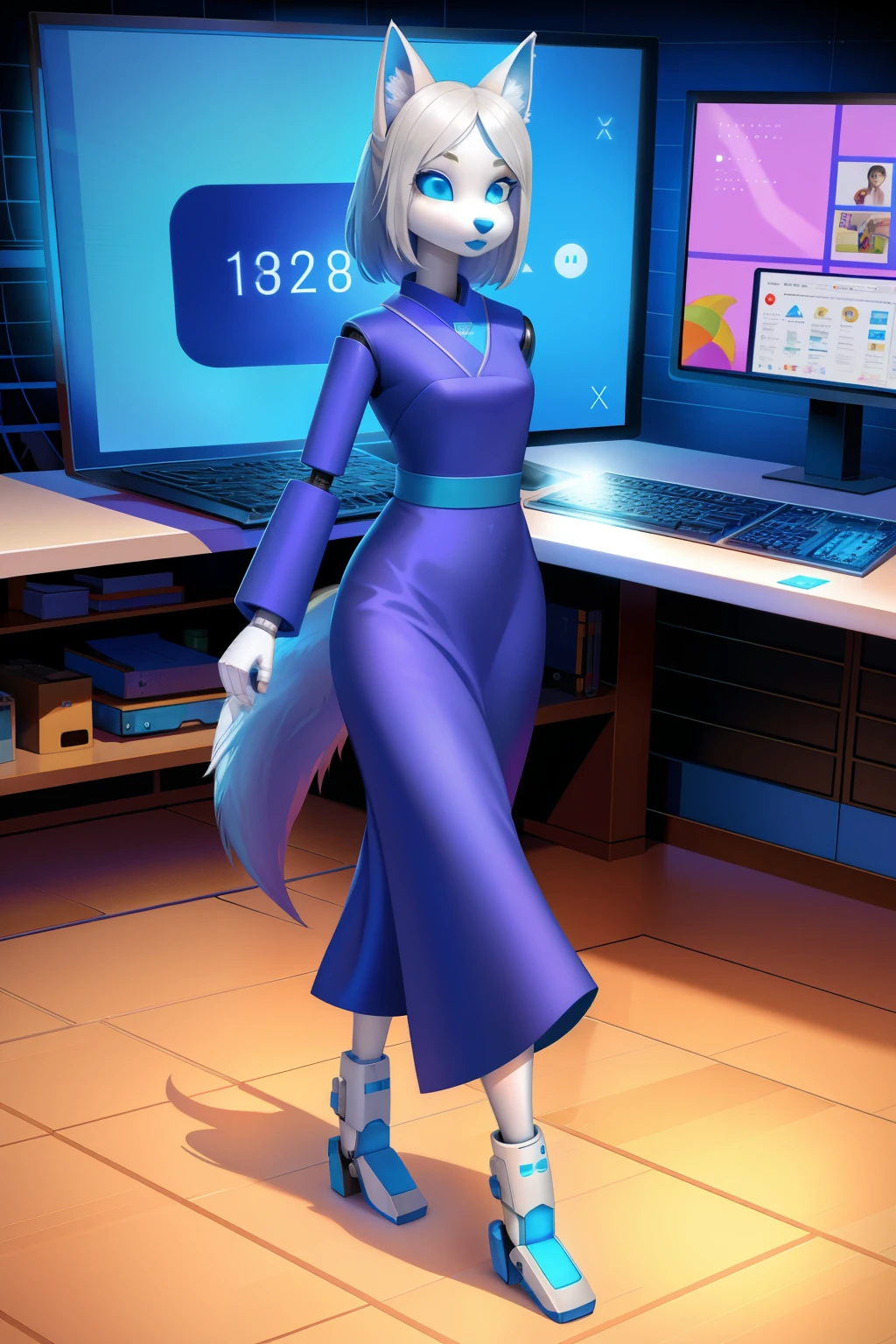1 girl, solo, android, wolf anthro, empty eyes, Silver hair, blue lipstick, Japanese dress, 3d pixar, computer numbers background, robot walk