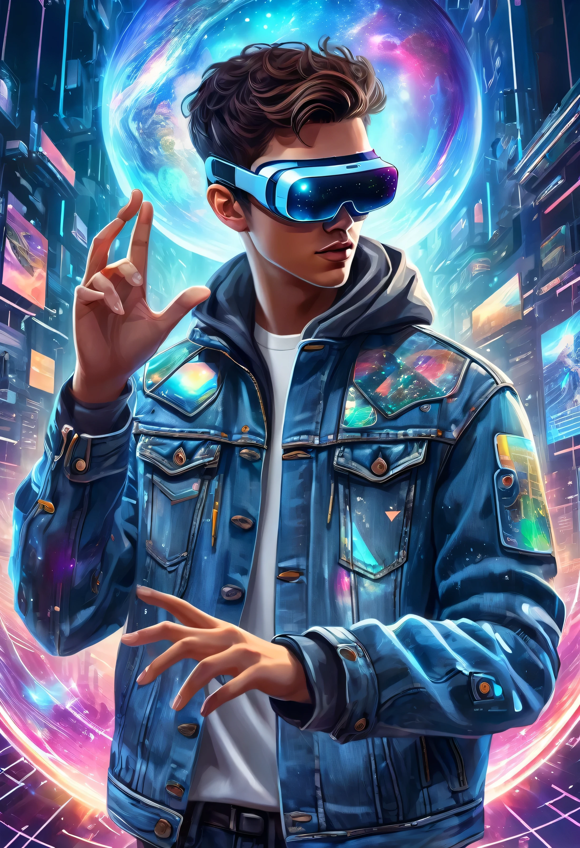 Young cyberpunk man in denim jacket, large VR glasses, on his face, from the front, virtual reality, touching the holographic space around him with his fingers, many worlds dive into the background, digital painting, details.