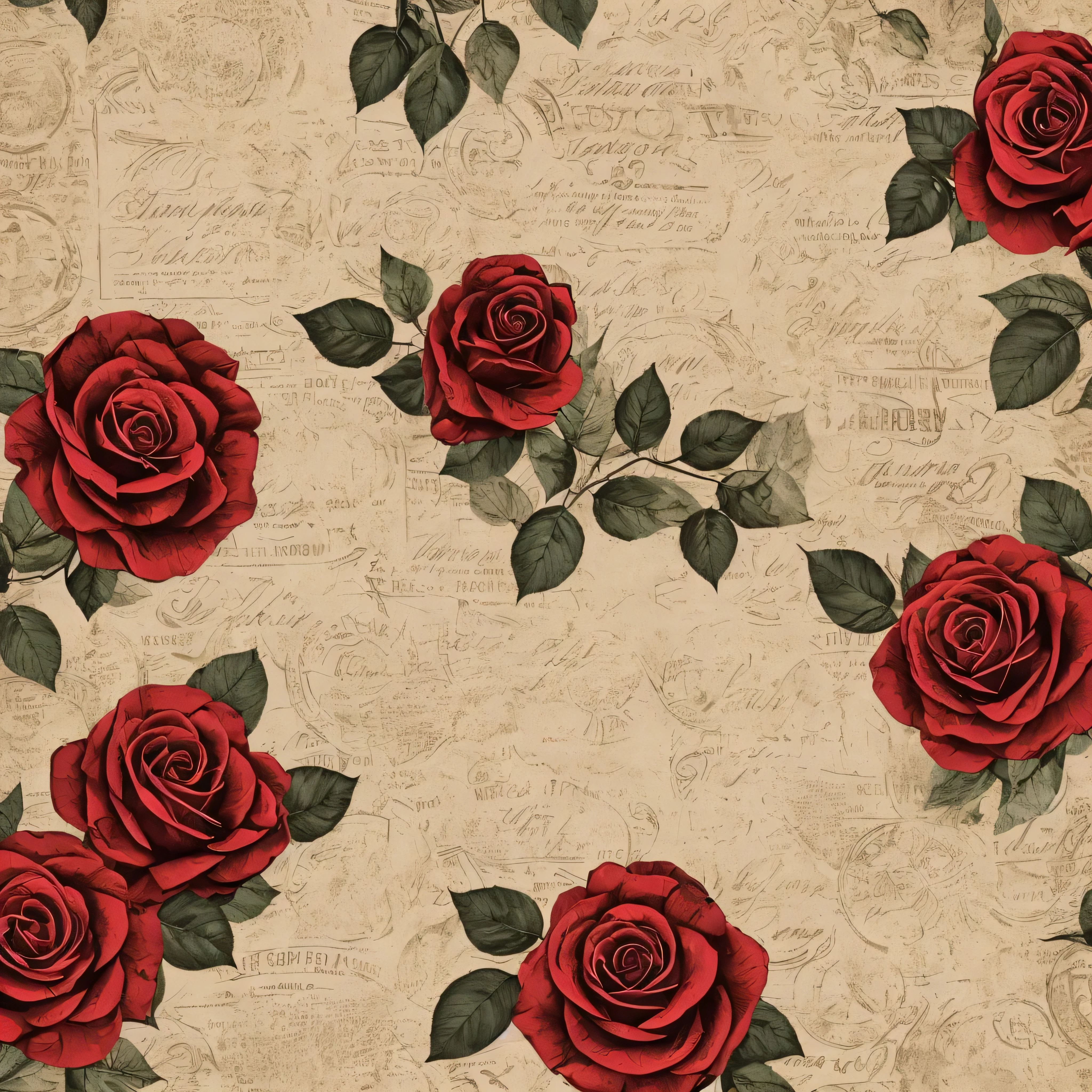 Create a vintage and romantic print old paper texture with postal stamp background, in sepia light tones, grunge in the boards, with roses red ligth tone.