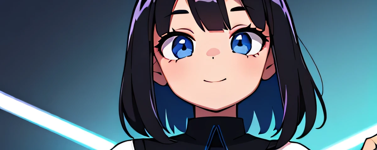 (ultra bright color, masterpiece, best quality, bloom, warm soft light, modern, hi-tech), 1girl, solo (background), white shirt, (black skirt) ,white stockingeautiful , beautiful detailed face, light smile, (black blue) medium hair, (detailed (blue) ruby eyes), sitrom side:0.8, young, small breasts
