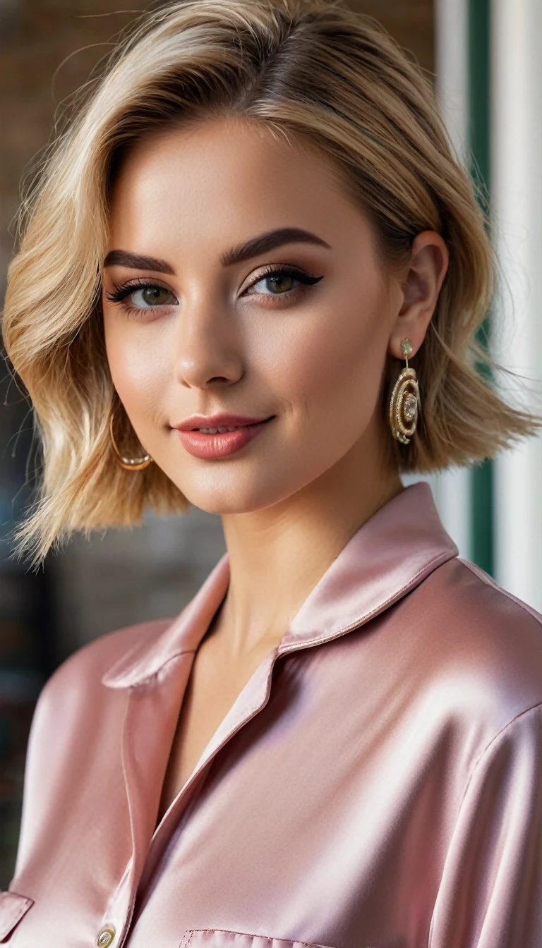 hyperrealistic beautiful busty 18-year-old women in satin boiler suit, model shooting full body photography, view from behind, natural blonde short classic bob, dark eye makeup with eyeliner, seductive smile, small necklace and earrings, 8K, best quality, Meisterwerk, ultra high resolution, (Realismus: 1.4), Originalfoto, (realistische Hautstruktur: 1.3), (Filmkorn: 1.3), (Selfie-Winkel), 1 girl, Beautiful round hazel eyes and facial details, Meisterwerk, best quality, selfie-pic-posing outside, nsfw