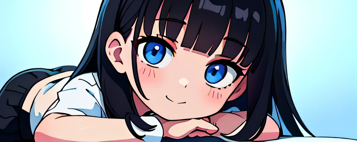 (ultra bright color, masterpiece, best quality, bloom, warm soft light, modern, hi-tech), 1girl, solo (background), white shirt, (black skirt) ,white stockingeautiful , beautiful detailed face, light smile, (black blue) medium hair, (detailed (blue) ruby eyes), sitrom side:0.8, young, small breasts