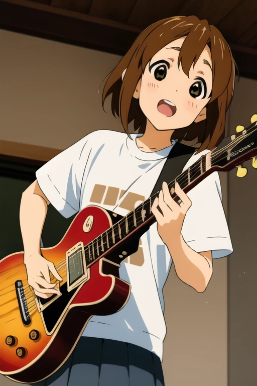 ((masterpiece)), Hirasawa Yui, One girl, 笑face (Enthusiastic:0.7) face, Mouth open, short body, Short brown hair, Brown eyes, Sakuragaoka High , play the guitar, Electric guitar, avert your eyes, Indoor school, Complex background