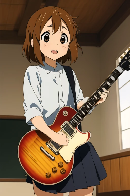 ((masterpiece)), Hirasawa Yui, One girl, 笑face (Enthusiastic:0.7) face, Mouth open, short body, Short brown hair, Brown eyes, Sakuragaoka High , play the guitar, Electric guitar, avert your eyes, Indoor school, Complex background