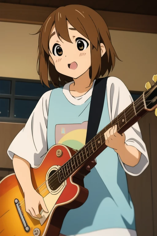 ((masterpiece)), Hirasawa Yui, One girl, 笑face (Enthusiastic:0.7) face, Mouth open, short body, Short brown hair, Brown eyes, Sakuragaoka High , play the guitar, Electric guitar, avert your eyes, Indoor school, Complex background