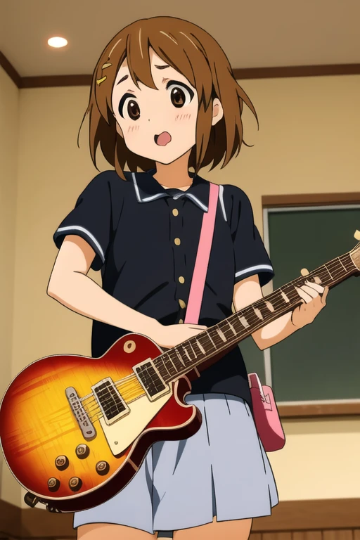 ((masterpiece)), Hirasawa Yui, One girl, 笑face (Enthusiastic:0.7) face, Mouth open, short body, Short brown hair, Brown eyes, Sakuragaoka High , play the guitar, Electric guitar, avert your eyes, Indoor school, Complex background