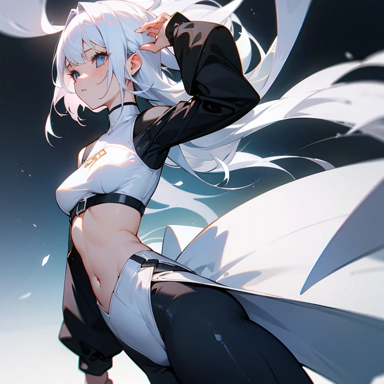 1 girl, white hair, blacj leggings, white croptop