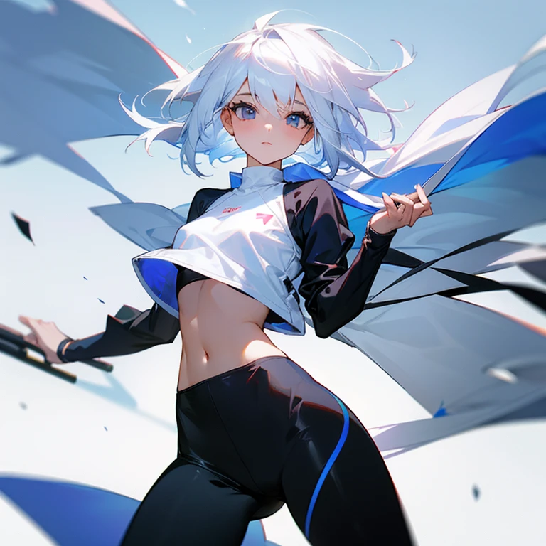 1 girl, white hair, blacj leggings, white croptop