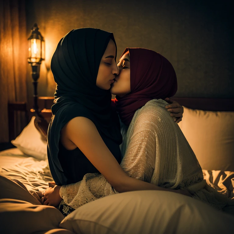 portrait of two lesbian hijab women embracing,woman holding another woman,posing in bed,8k,with raining effect room atmosphere,,dark lighting,,kissing in bed,romanticly,,intimate,,cuddling 