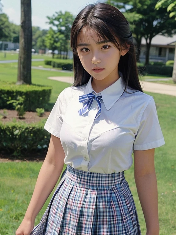 ((megumi)), (masterpiece, highest quality:1.2), One Girl, alone, high school girl, , Short sleeve, Checkered Skirt, (Medium skirt),  tuck in, (White collared shirt),  Ribbon around the neck, plain attire