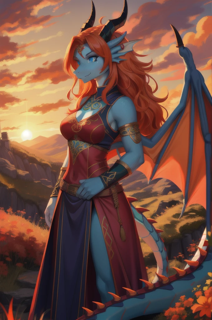 beautiful Celtic dragon girl, long wavy bright orange hair, bright blue eyes, shapely body, skinny body, healthy body, red warrior outfit, dragon wings, dragon horns, on a hillside, high quality digital art