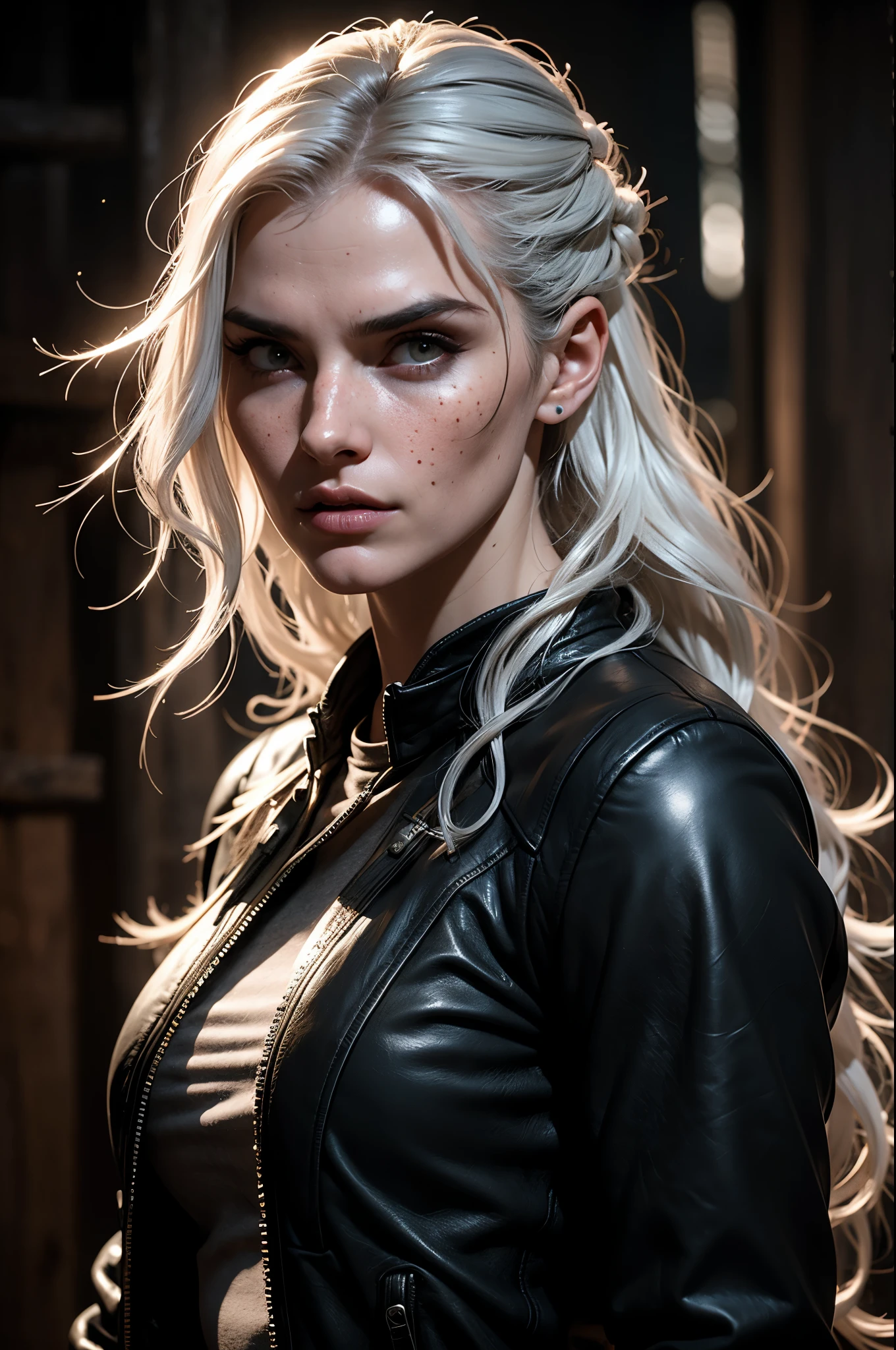 linda com longos cabelos pretos e olhos azuis cristalinos parecida com a yennefer do jogo the witcher, She wears a black leather jacket and is in the middle of a fierce battle against enemy soldiers...., your face is stained with blood and freckles, Your skin is white, and his expression is angry