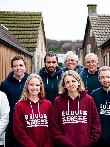 photography group of Judæus wearing sweatshirts, in a village with focus on the characters' faces