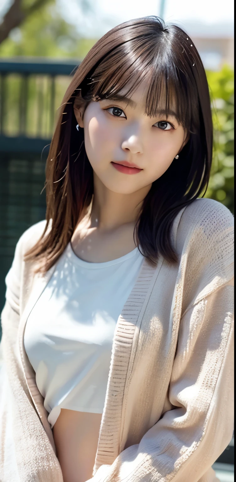 (8k), (highest quality: 1.2), (Realistic), (Realistic: 1.37), Ultra-high resolution,RAW Photos、 1 girl, Head to knee photo、cute, smile, Mouth closed, Beautiful details, Beautiful Nose, whole body, Wet Hair, Giant Dulcefo, pork, , (Small breasts)、Flat Chest、Breast like a 、A tight white blouse and pastel-colored cardigan that clings to her breasts、Nipples are visible through the、Voluptuous thighs、dolly make、Odd Eye、Heterochromia iridis