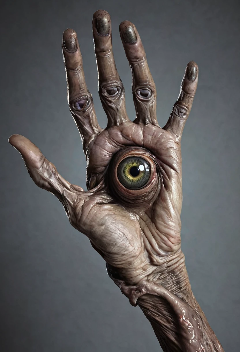 Monstrous, deformed and emaciated hand with horror eyes on back and palm of hand photorealist style