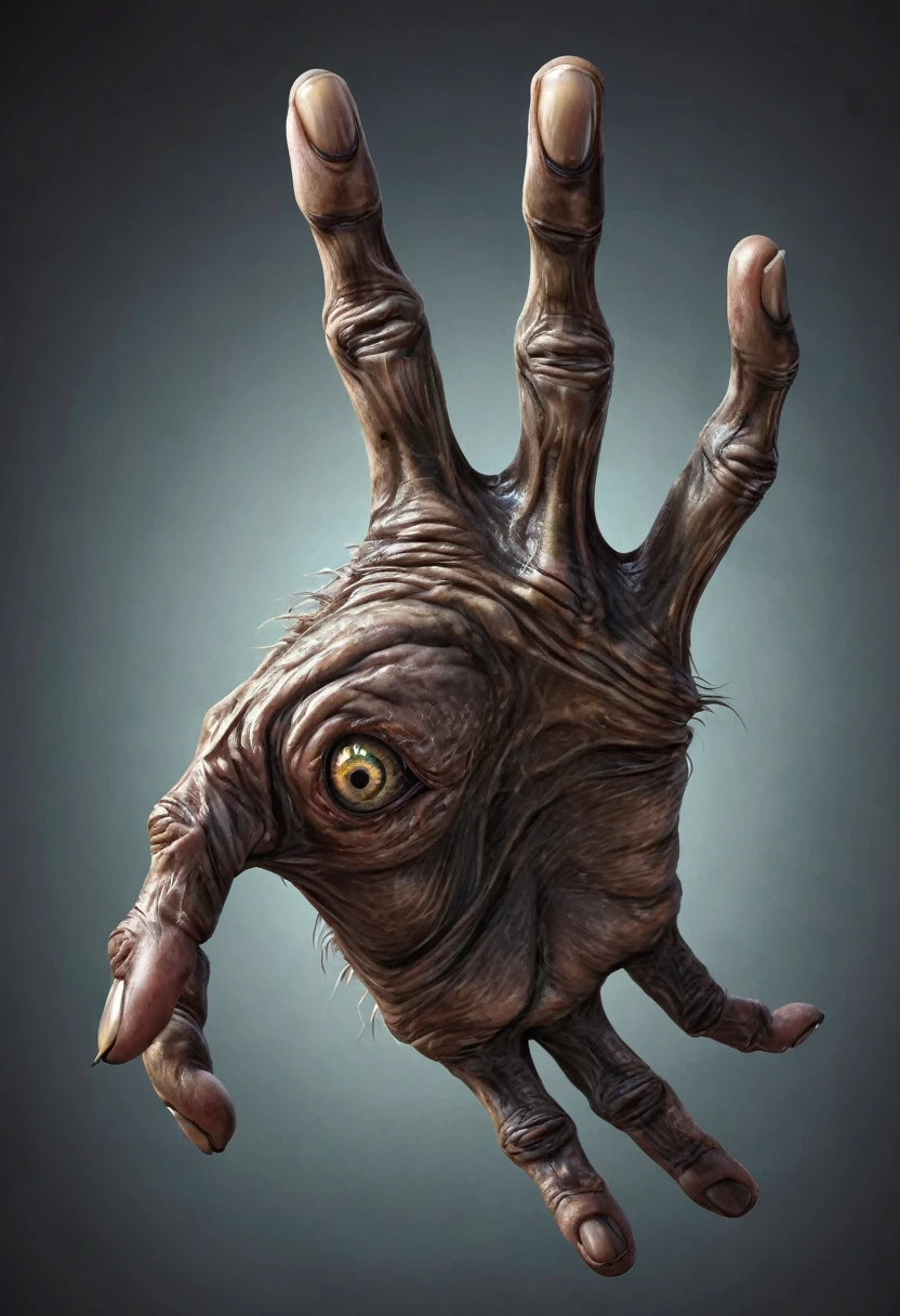 Monstrous, deformed and emaciated hand with horror eyes on back and palm of hand photorealist style