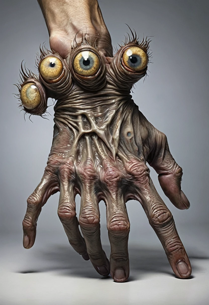 Monstrous, deformed and emaciated hand with horror eyes on back and palm of hand photorealist style