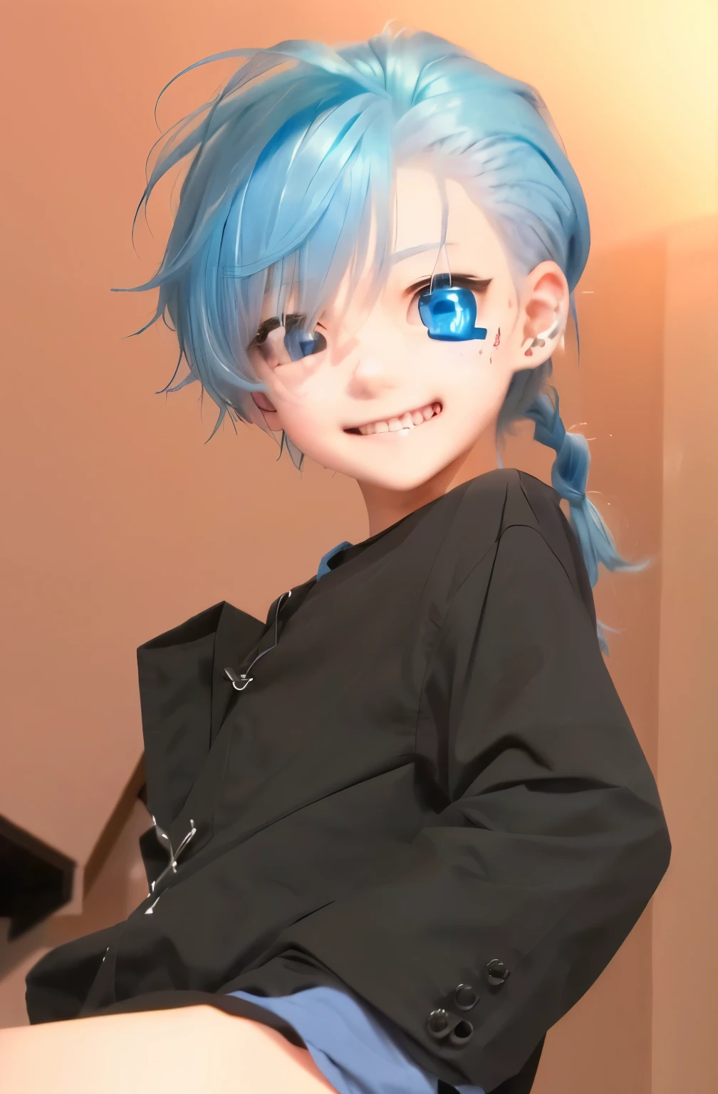 A boy with light blue hair is standing、cute、He is laughing with a sadistic expression.、cute瞳、Shota