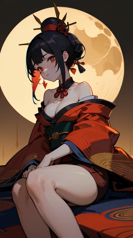 ((highest quality)), ((masterpiece)), Perfect Face, Oiran, A large full moon in the background, The moon is drawn with sharp lines and the unevenness is expressed through shading., A bewitching atmosphere illuminated by moonlight, Hairstyle is Yokohyōgo, She is wearing a colorful kimono with a peony pattern., The main colors of the kimono are red and gold., She wears many tortoiseshell hairpins in her hair., Biologically correct five fingers, ((He is holding a long, thin pipe in his right hand.)), ((There is nothing in the left hand、Touching the calf)), Black Hair, Japan person with a beautiful face, Oiranっぽいメイク, The neckline of a Japanese kimono is wide open and off the shoulder., ((Off-the-shoulder tops that cover the upper arms)), (Ample breasts), ((I can see a little cleavage)), Two hands, Two arms, (No jewelry or clothing around the neck), (Bare skin is visible from the neck to the shoulders),Sitting like a woman, Beautiful legs, ((There's no ribbon around her neck)), White skin, Beautiful neck line, Beautiful shoulder line