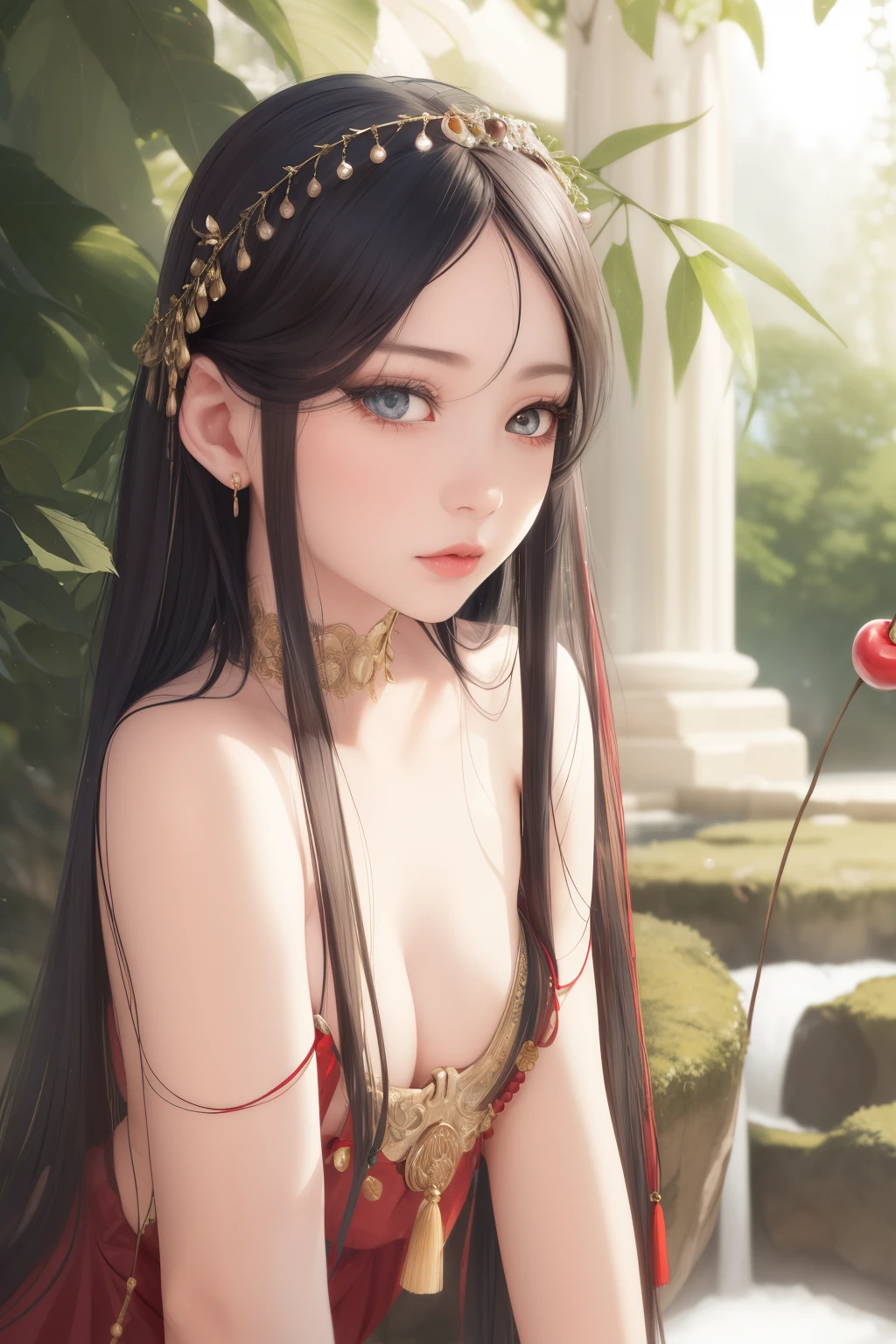 (best quality, realistic), beautiful round eyes, long eyelashes, lips as red as cherries, long flowing black hair like a waterfall, bright green eyes sparkling like gems. Ancient Greek costume, wearing a tassel on the head, not exposed, young girls innocent and lovely, Asian girls.