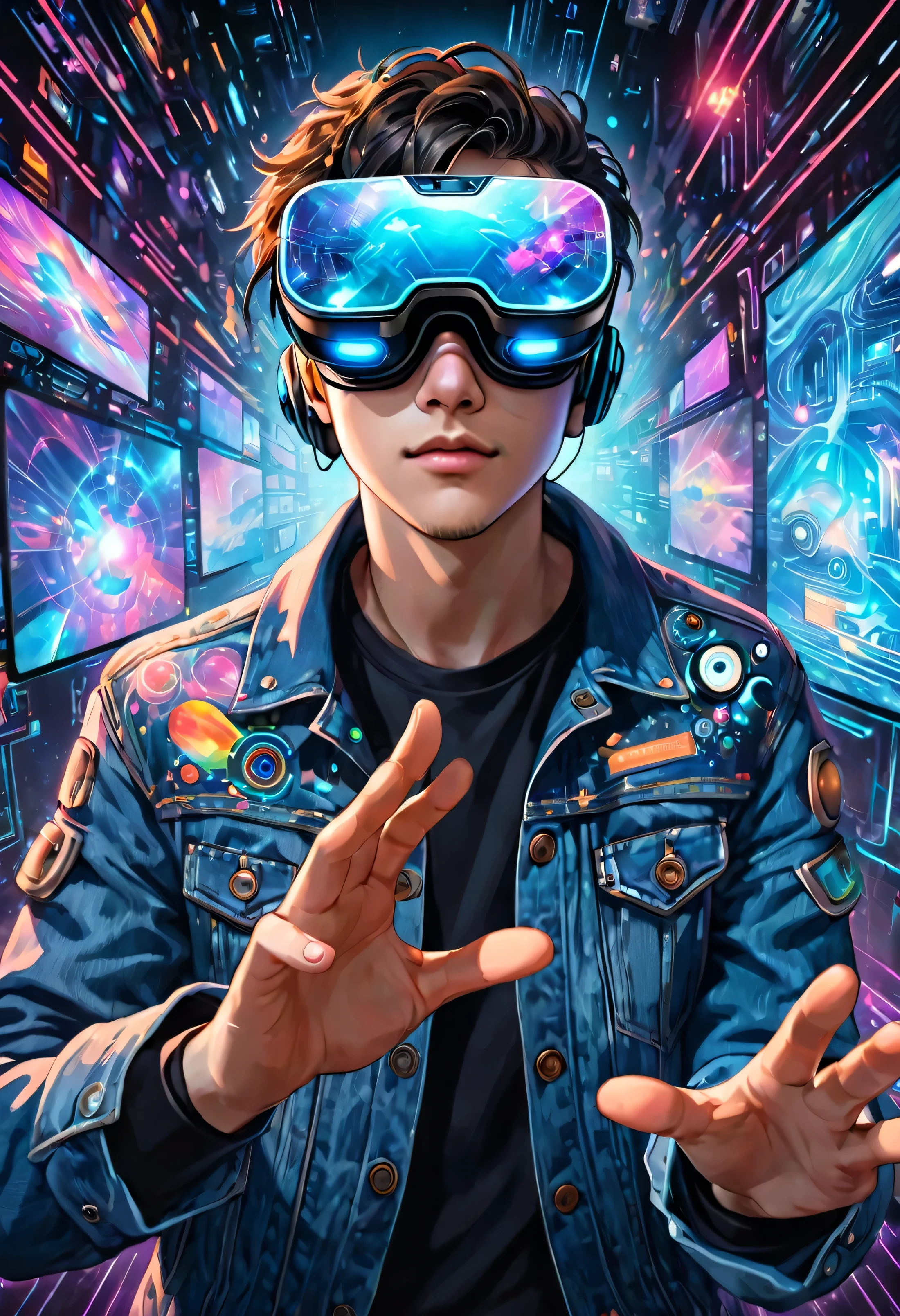 Young cyberpunk man in denim jacket, large VR glasses, on his face, from the front, virtual reality, touching the holographic space around him with his fingers, many worlds dive into the background, digital painting, details.