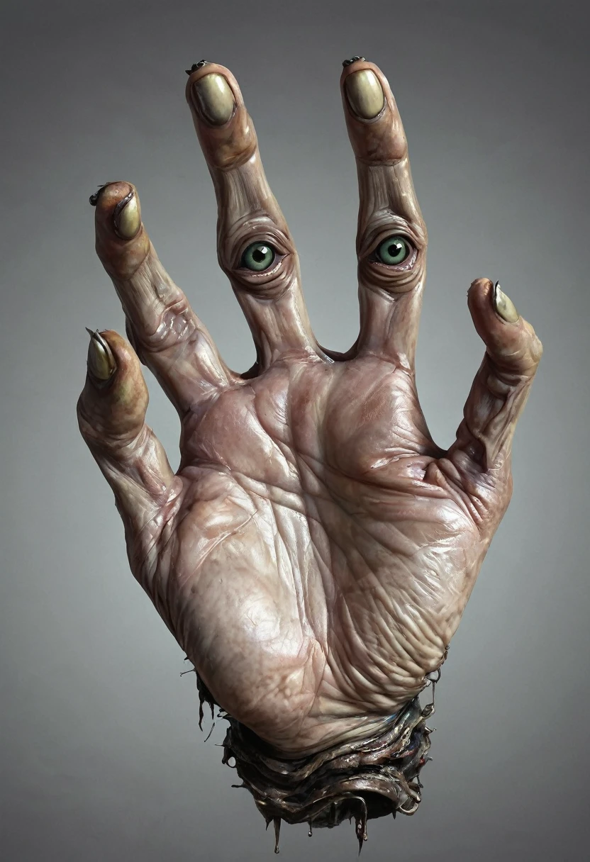 Monstrous, deformed and emaciated hand with horror eyes on back and palm of hand photorealist style