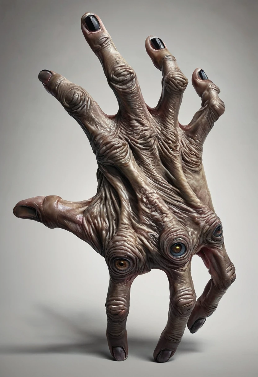 Monstrous, deformed and emaciated hand with horror eyes on back and palm of hand photorealist style