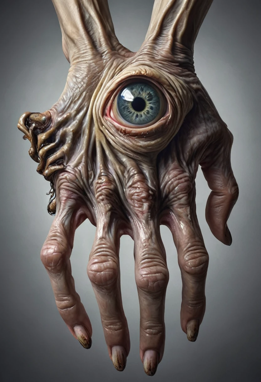 Monstrous, deformed and emaciated hand with horror eyes on back and palm of hand photorealist style