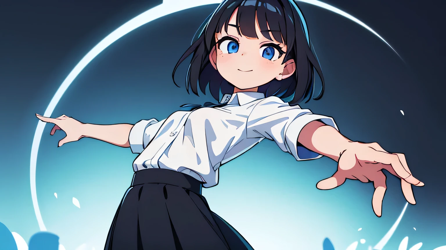 (ultra bright color, masterpiece, best quality, bloom, warm soft light, modern, hi-tech), 1girl, solo (background), white shirt, (black skirt) ,white stockingeautiful , beautiful detailed face, light smile, (black blue) medium hair, (detailed (blue) ruby eyes), sitrom side:0.8, young, small breasts
