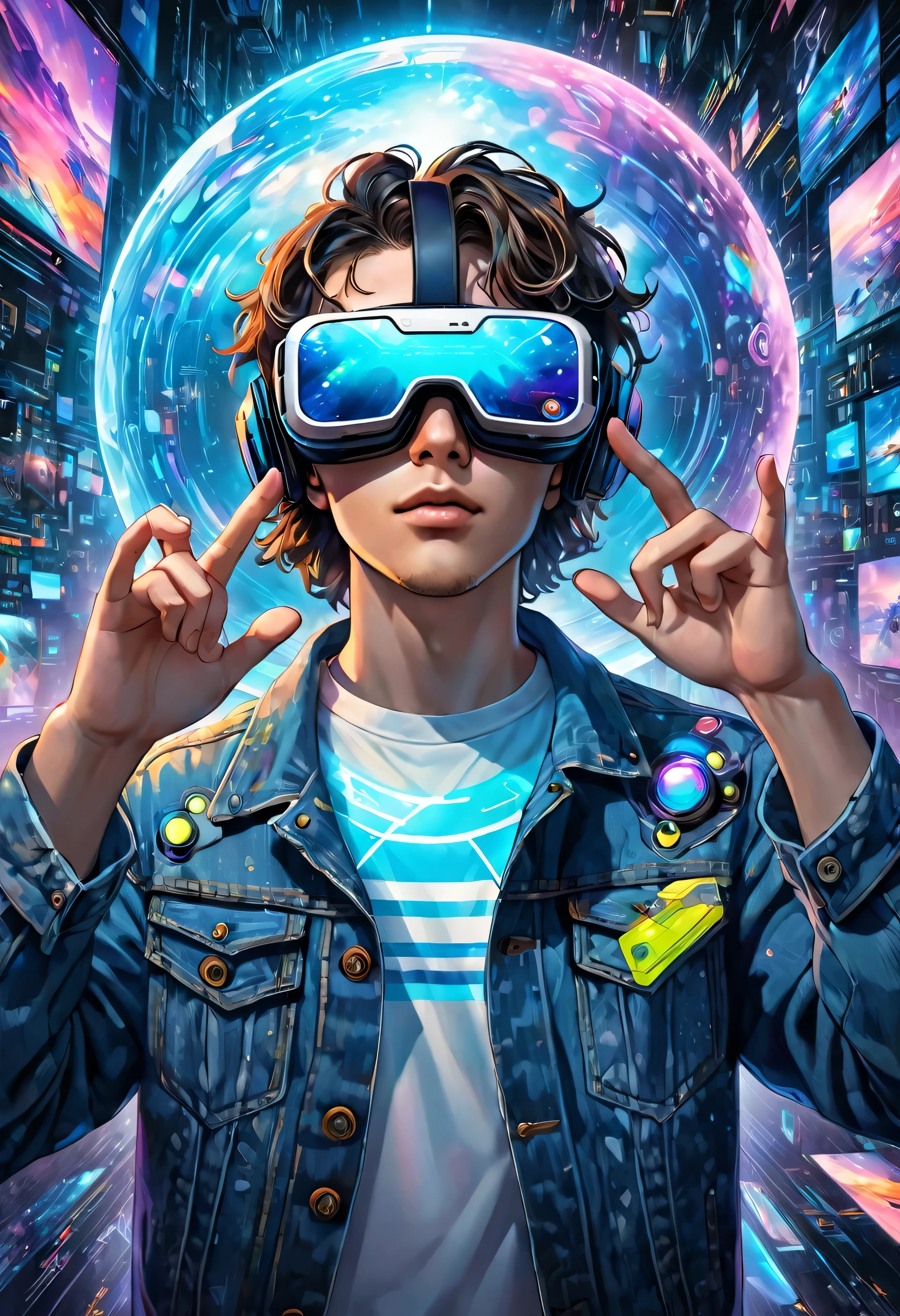 Young cyberpunk man in denim jacket, large VR glasses, on his face, from the front, virtual reality, touching the holographic space around him with his fingers, many worlds dive into the background, digital painting, details.