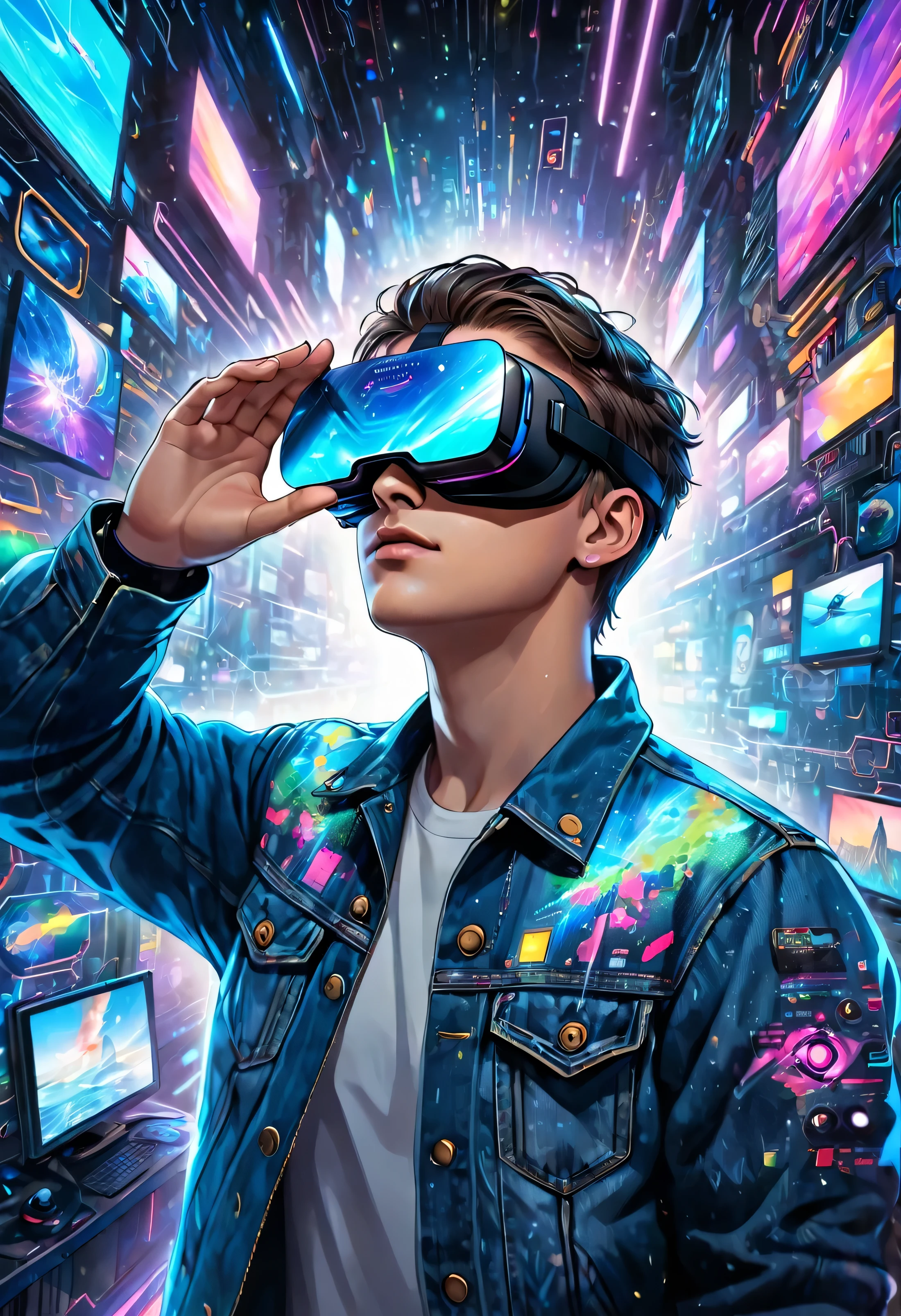 Young cyberpunk man in denim jacket, large VR glasses, on his face, from the front, virtual reality, touching the holographic space around him with his fingers, many worlds dive into the background, digital painting, details.