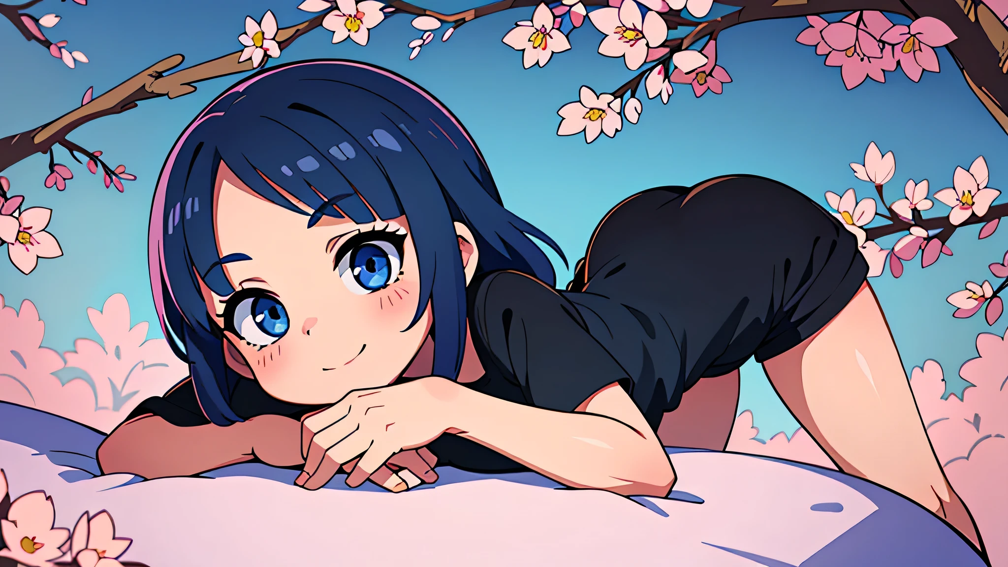 (Ultra bright color, Masterpiece, Best quality, blossom, Warm, soft light, modern, Hi-tech), 1 girl, One, standing tall 18+ pose, full lenght, (background:1.4), black T-shirt without print, beautiful detailed face, slight smile, (blue) Medium hair, (detailed (blue) Ruby eyes), young, small breasts, big ass
